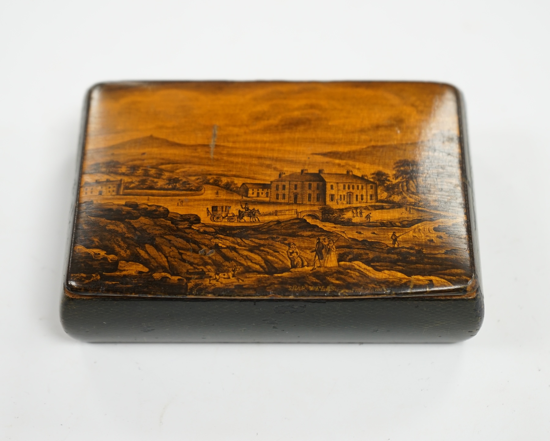 An early 19th century Scottish Mauchline ware penwork snuffbox, with green faux fish skin borders, 9.5cm wide. Condition - good